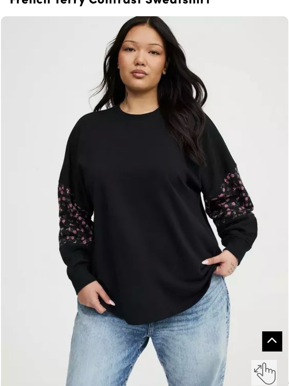 torrid NWT Black Sweatshirt with Pink Floral Sleeve Accents